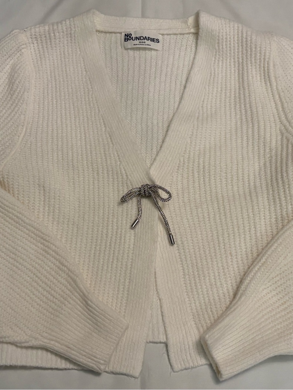 No Boundaries Off White Ribbed Cardigan Rhinestone Bow